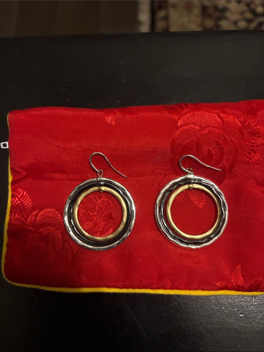 Gold, Black and Silver Double Hoop Earrings - Elegant Drop Style - worn once